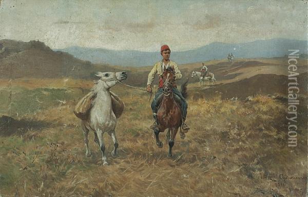 A Young Horseman Leading A Pack Horse Oil Painting - Thaddaus von Ajdukiewicz