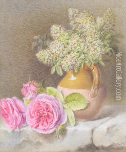 A Still Life Of Jug And Roses Oil Painting - Mary Elizabeth Duffield