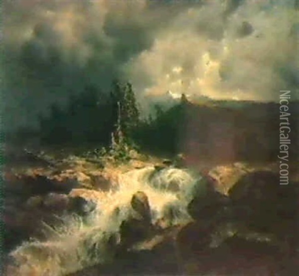 Torrent De Montagne Par Orage. Oil Painting - Alexandre Calame