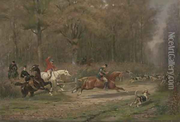 A chase through the woods, the huntsman's horn sounding Oil Painting - Auguste-Henri-Louis De Clermont