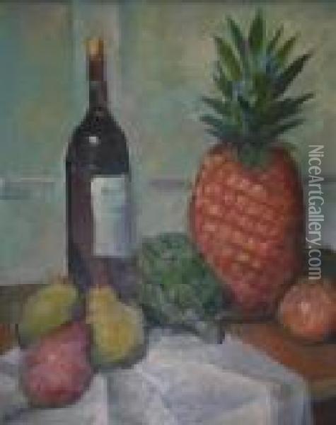 Still Life With Pineapple, Wine Bottle, And Pears Oil Painting - Lockwood Deforest
