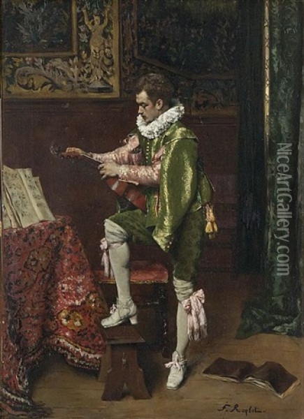 Interior With Musician Tuning Is Violin Oil Painting - Ferdinand Victor Leon Roybet