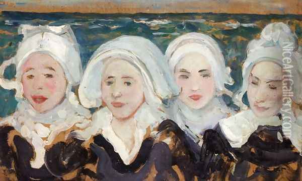 Four Breton Women at the Seashore Oil Painting - Charles Cottet