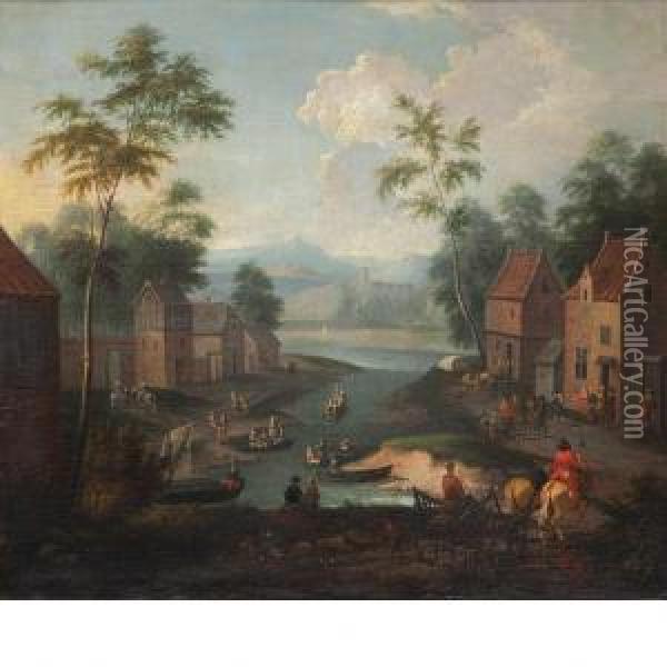 Landscape Withfigures In A Village Beside A River Oil Painting - Jan Frans I Van Bredael