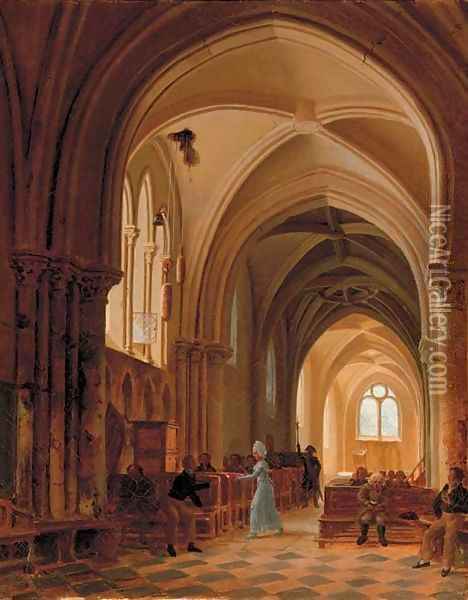 In a sunlit church Oil Painting - Francois Marius Granet