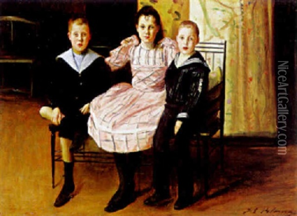 Henry Bernstein And His Brother And Sister Oil Painting - Jacques-Emile Blanche