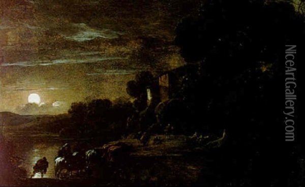 Moonlit Landscape With Herdes And Their Flock Crossing A River Oil Painting - Jan Asselijn