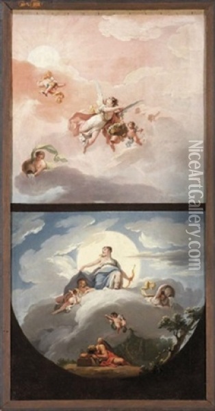 Alegoria De La Aurora (+ Alegoria De La Noche; Pair Of Sketches On 1 Canvas) Oil Painting - Zacarias Gonzalez Velazquez