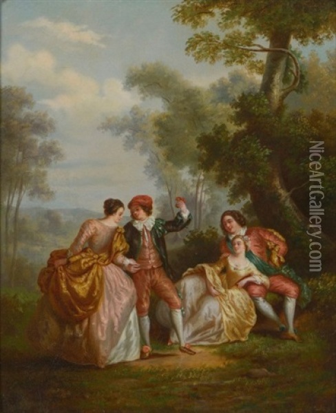 Scene Champetre De Personnages En Costumes Louis Xv (pair After J.b. Pater) Oil Painting - Lie Louis Perin