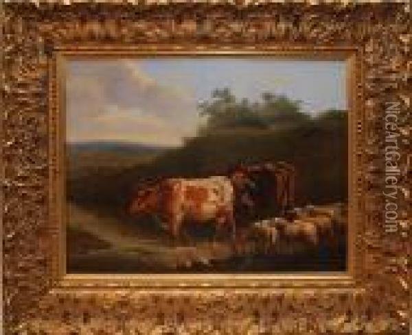 Cows Oil Painting - Louis Marie Dominique Romain Robbe