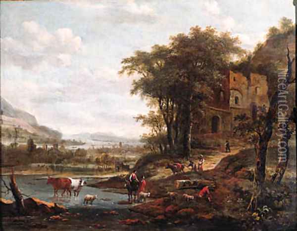 Drivers watering cattle and muleteers on a path in a mountainous river landscape Oil Painting - Dionys Verburgh