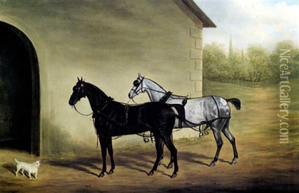 Two Carriage Horses Outside A Stable Oil Painting - James Loder Of Bath