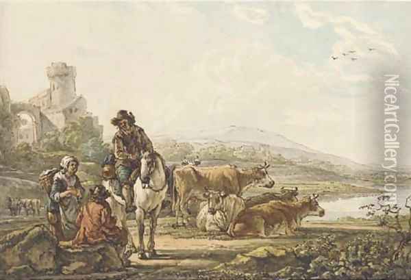 An extensive river landscape with peasants and cattle Oil Painting - Jacob van Strij