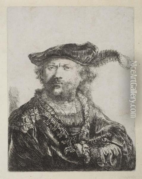 Self Portrait In A Velvet Cap And Plume Oil Painting - Rembrandt Van Rijn