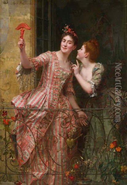 Zwei Elegante Damen Am Balkon Oil Painting - Emile Villa