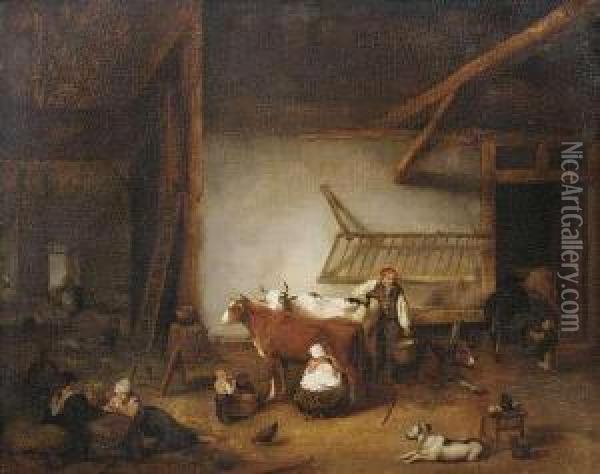 Peasant Idyll In A Barn. Oil Painting - Quiringh Gerritsz. van Brekelenkam