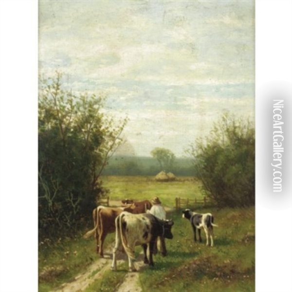 Herding Cattle (+ Watering By A Stream; Pair) Oil Painting - William Frederick Hulk