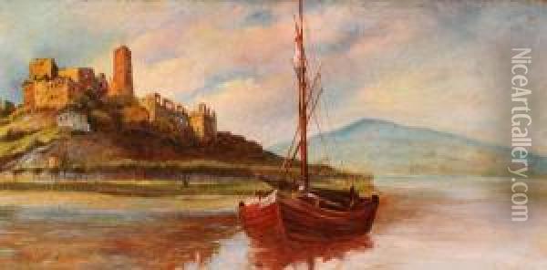 Paesaggio Lacustre Con Barca E Borgo Turrito Oil Painting - Adolfo Tommasi