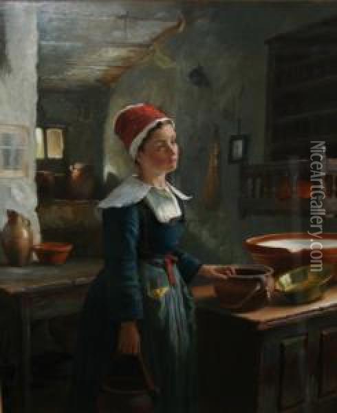 'market Morning' And 'a Breton Dairymaid' Oil Painting - Jonathan Pratt