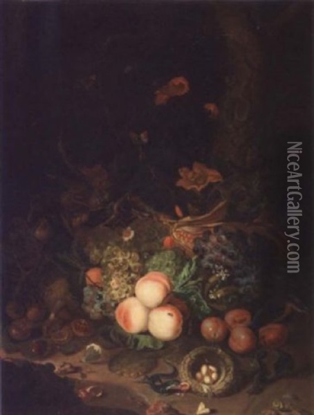 Fruits, Reptiles Et Nid D'oiseau Au Pied D'un Arbre Oil Painting - Antonio Costa