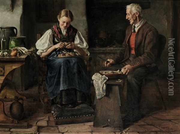 Beim Kartoffelschalen Oil Painting - Erwin Eichinger