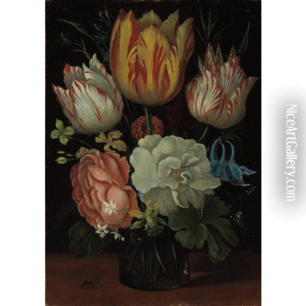 Still Life Of Tulips And Other Flowers In A Flask, With An Ant Oil Painting - Ambrosius Bosschaert the Elder