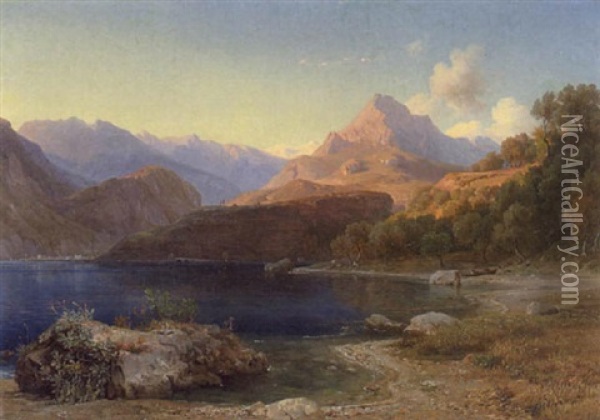Gebirgssee (gardasee Mit Blick Auf Riva In Der Ferne Links?) Oil Painting - Ludwig Heinrich Theodor (Louis) Gurlitt
