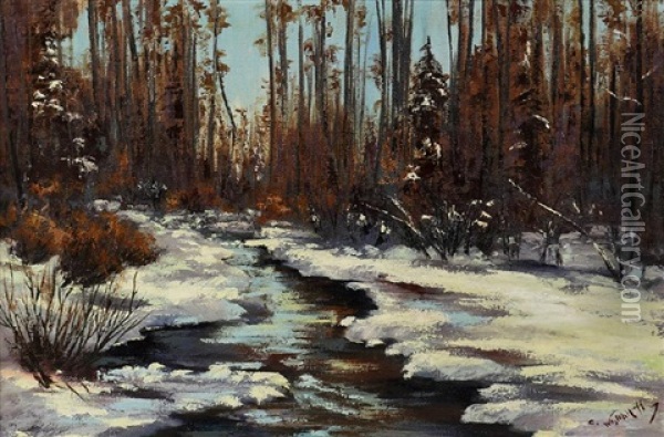 Stream In Winter Oil Painting - Constantin Aleksandrovich Westchiloff