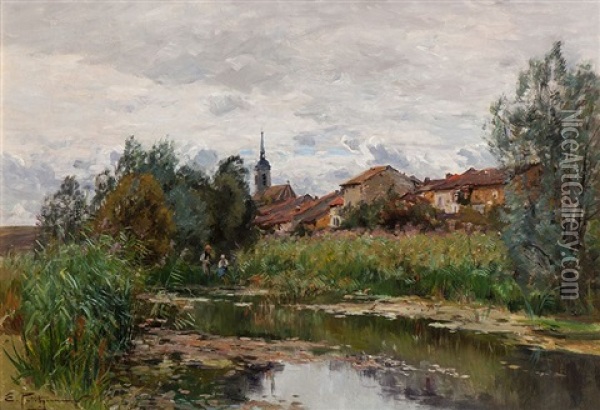 Anglers In The Reeds With A City In The Background Oil Painting - Edmond Marie Petitjean