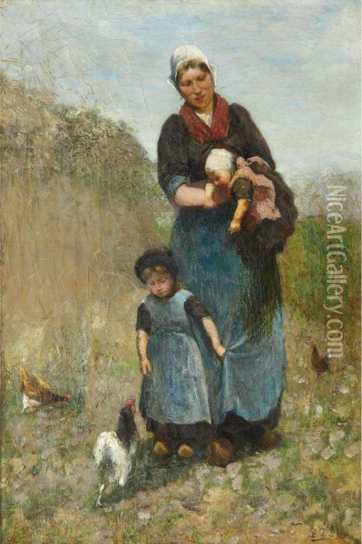 Country Woman With Her Children Oil Painting - David De La Mar