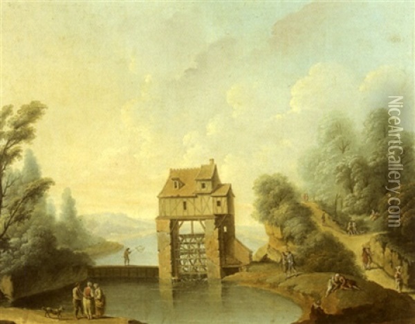 Moulin A Eau Sur Une Riviere (+ Le Retour Du Troupeau Devant Un Village Fortifie; Pair) Oil Painting - Giovanni Battista Cimaroli