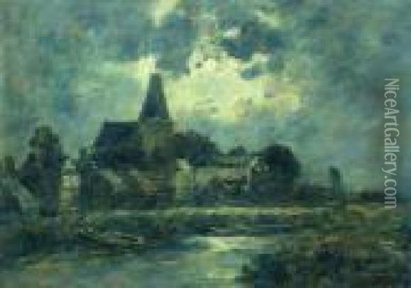 Quillebeuf, L'eglise Vue Du Canal, Clair De Lune Oil Painting - Eugene Boudin