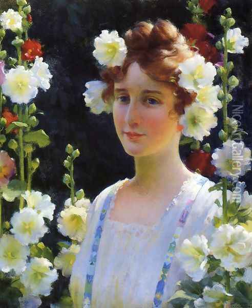 Among the Hollyhocks Oil Painting - Charles Curran