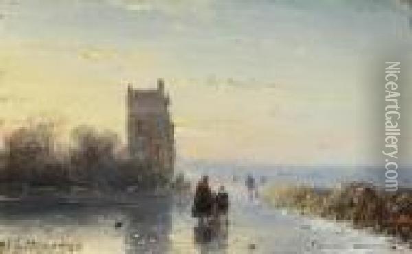 Figures On A Frozen Waterway By A Tower Oil Painting - Andreas Schelfhout