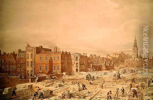 A View of the Northern Approach to the London Bridge while in state of progress Oil Painting - George the Elder Scharf