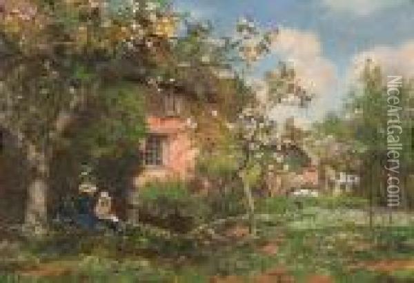 Cottage Garden With Seated Figures Oil Painting - Charles James Fox