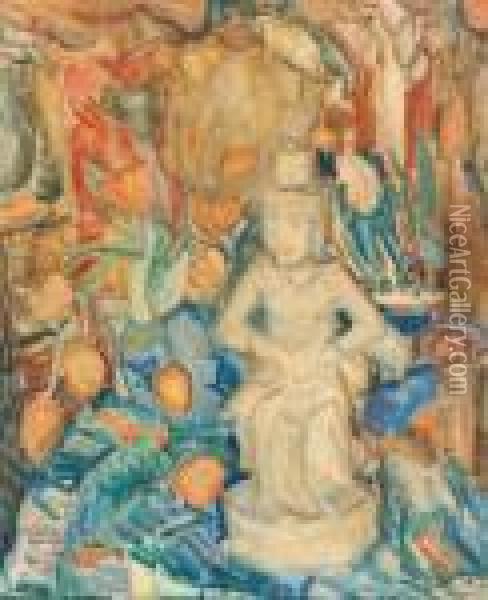 Still Life With Tulips Around An Indonesian Figure Oil Painting - Leo Gestel