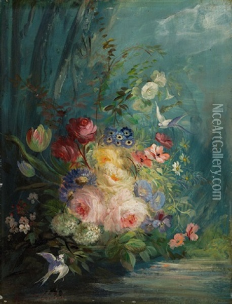Stillleben Mit Blumen Und Vogeln (pair) Oil Painting - Jean Alexandre Remy Couder