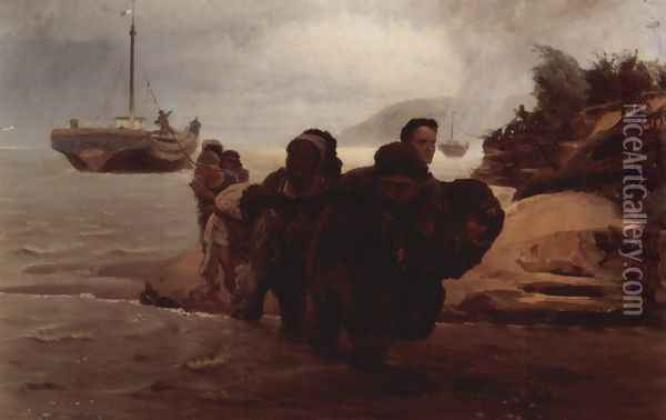 Barge Haulers wading Oil Painting - Ilya Efimovich Efimovich Repin