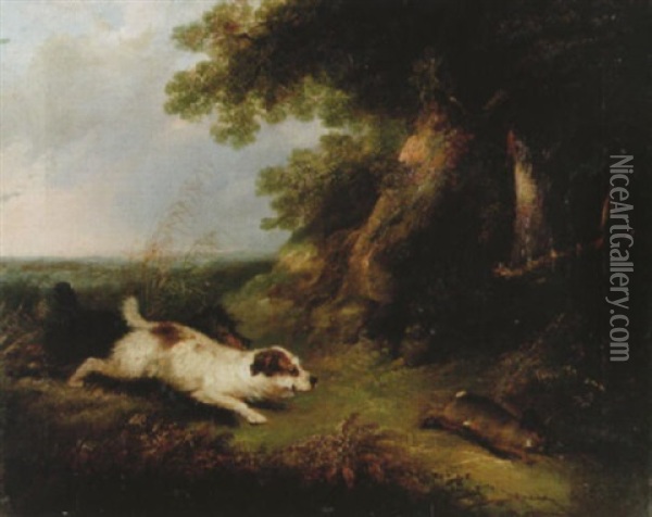 Landskap Med Terrier Jagande Hare Oil Painting - George Armfield