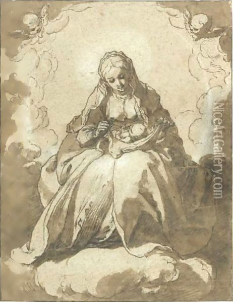 The Madonna Seated On The Crescent Moon, The Christ Child On Her Lap Oil Painting - Abraham Bloemaert