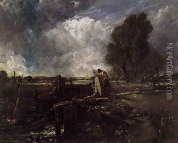 A Boat at the Sluice (sketch) Oil Painting - John Constable