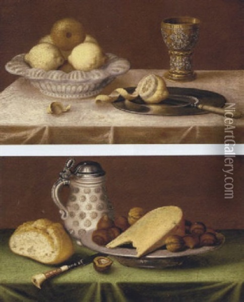 Lemons In An Earthenware Dish, A Silver Gilt Goblet, A Pewter Plate On A Draped Table Oil Painting - Jacob Fopsen van Es