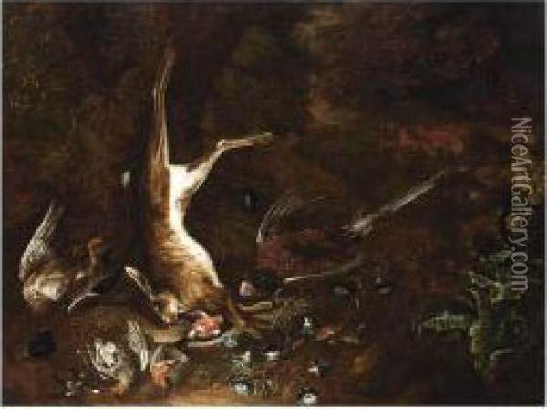 A Hunting Still Life With A 
Duck, A Hare, A Partridge, A Pheasant, Songbirds, Morning Glory And Fly
 Agarics In A Forest Oil Painting - Johann Georg Hamilton