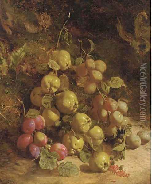 Pears and plums on a mossy bank Oil Painting - William B. Hough