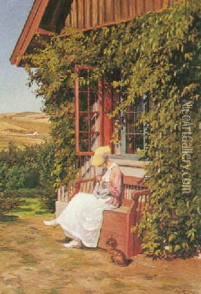 A Woman Sewing Outside Her House Oil Painting - Sigurd Soelver Schou