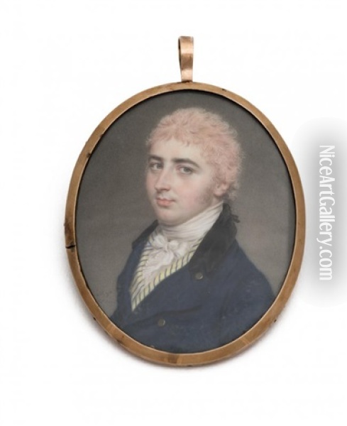 A Georgian Miniature Of A Gentleman In White Bow And Cravat And A Blue Coat With Striped Yellow Waistcoat Oil Painting - John Smart IV