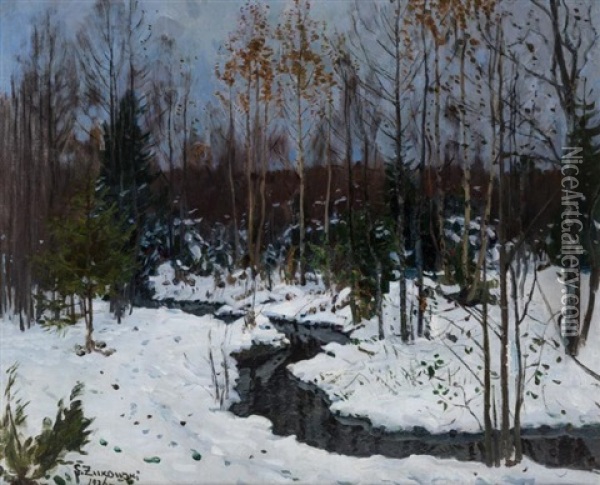 Forest Creek In Winter Oil Painting - Stanislav Yulianovich Zhukovsky