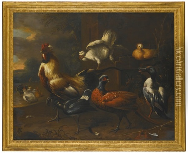 A Cockerel, A Pheasant, A Duck And Other Birds In A Landscape Oil Painting - Melchior de Hondecoeter