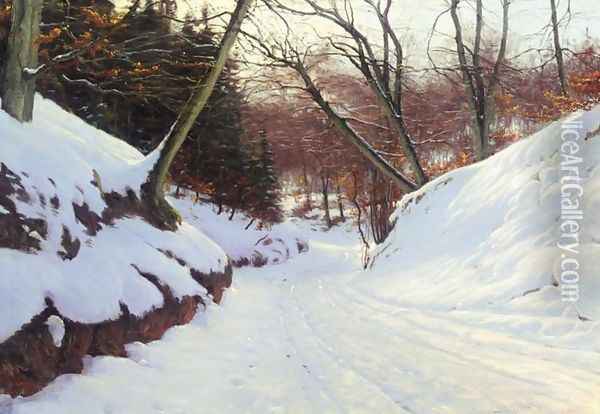 Snowy Path in the Early Evening (Snedækket vej) Oil Painting - Sigvard Hansen